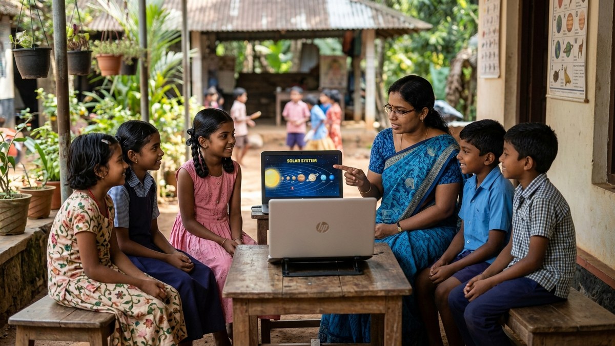 microschool India small town children group learning with laptop