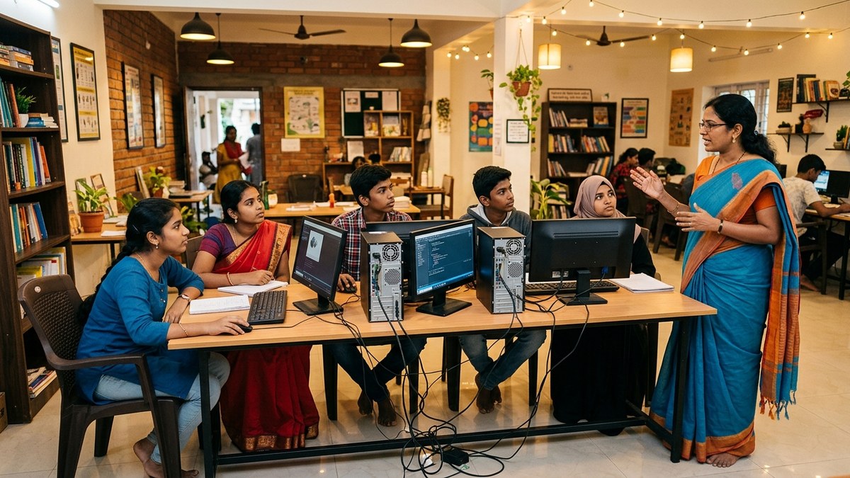 peer learning groups Indian students studying together in community learning centre