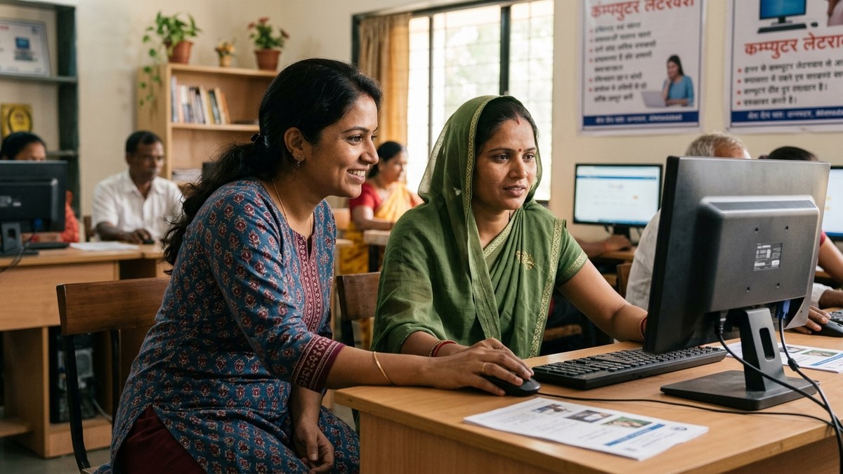Trained educator teaching digital literacy for homemakers at a computer workstation