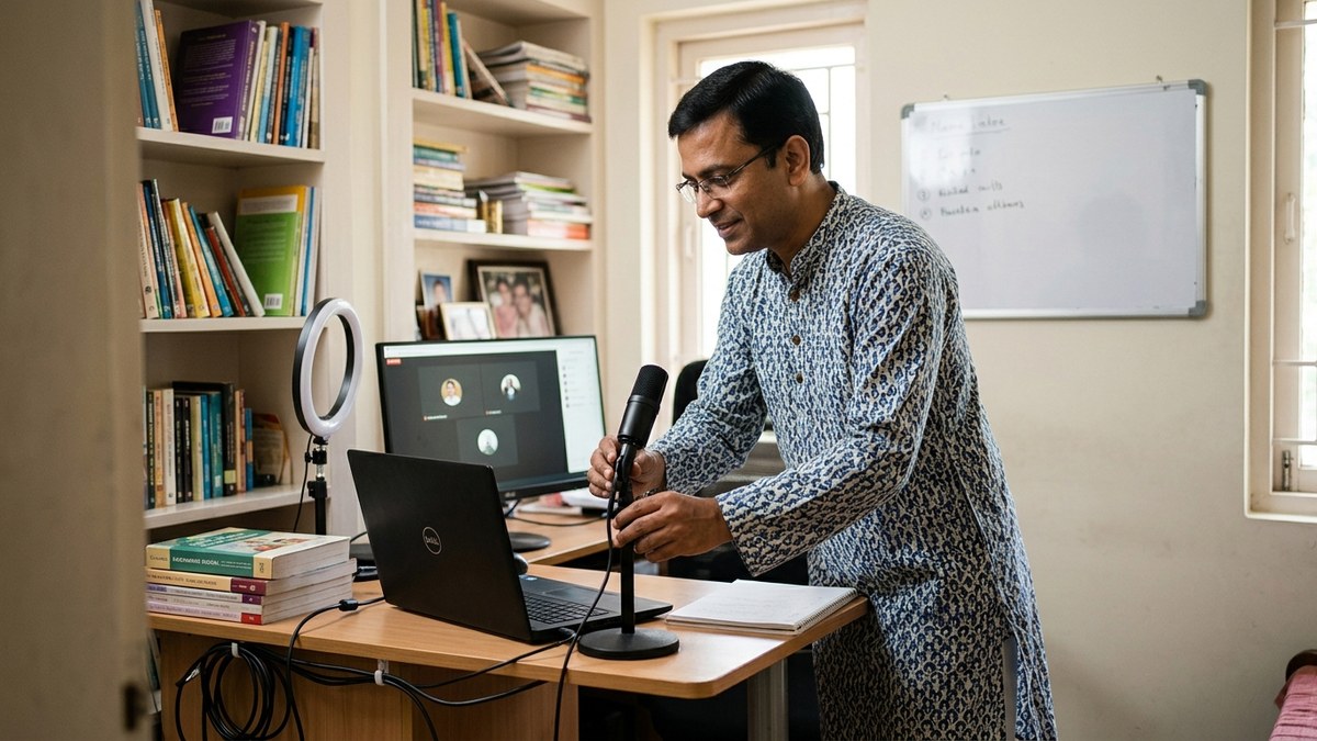 start online teaching from home setting up computer in small room