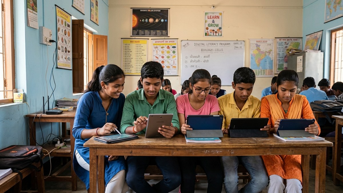 Indian students learning with digital devices in a community classroom