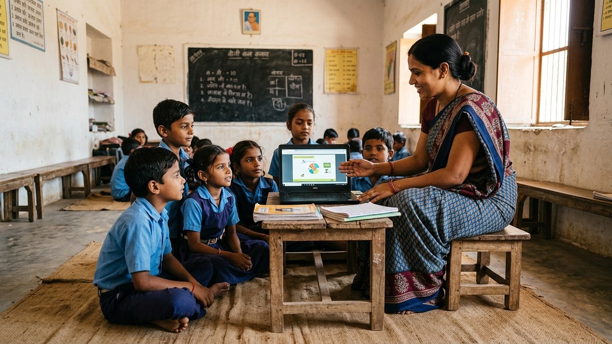 Indian students learning digital skills on computers in classroom