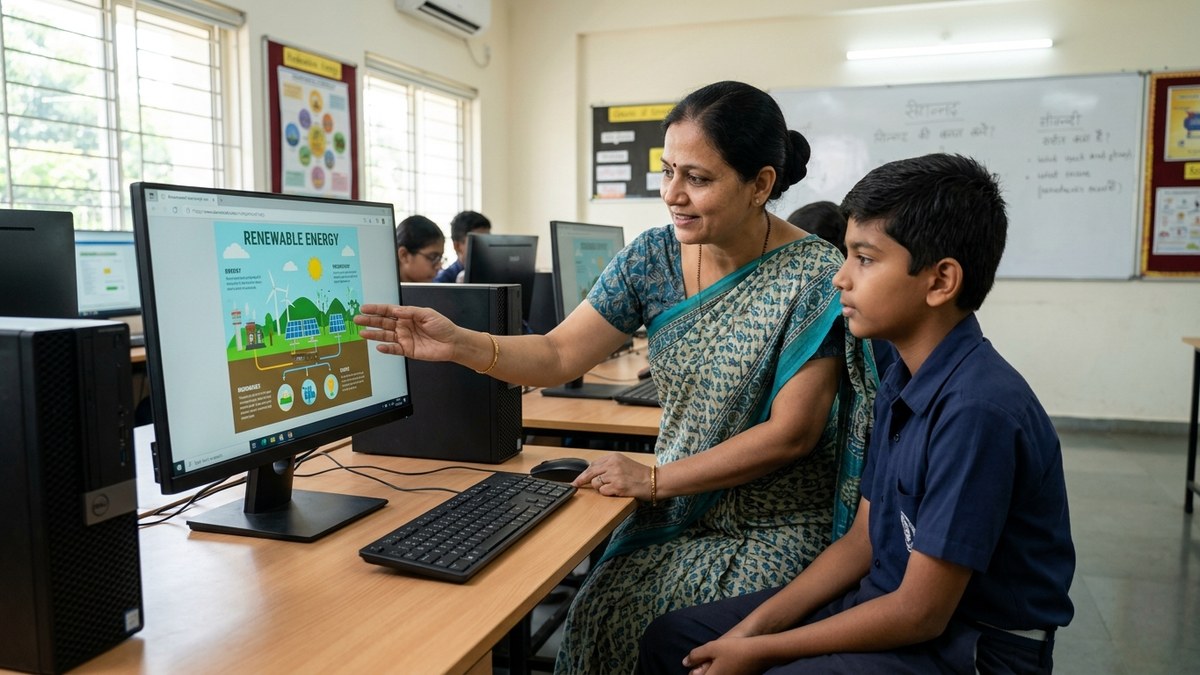 Indian teacher teaching student at computer