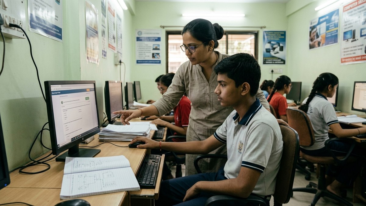 board exam digital skills India teacher helping student with computer