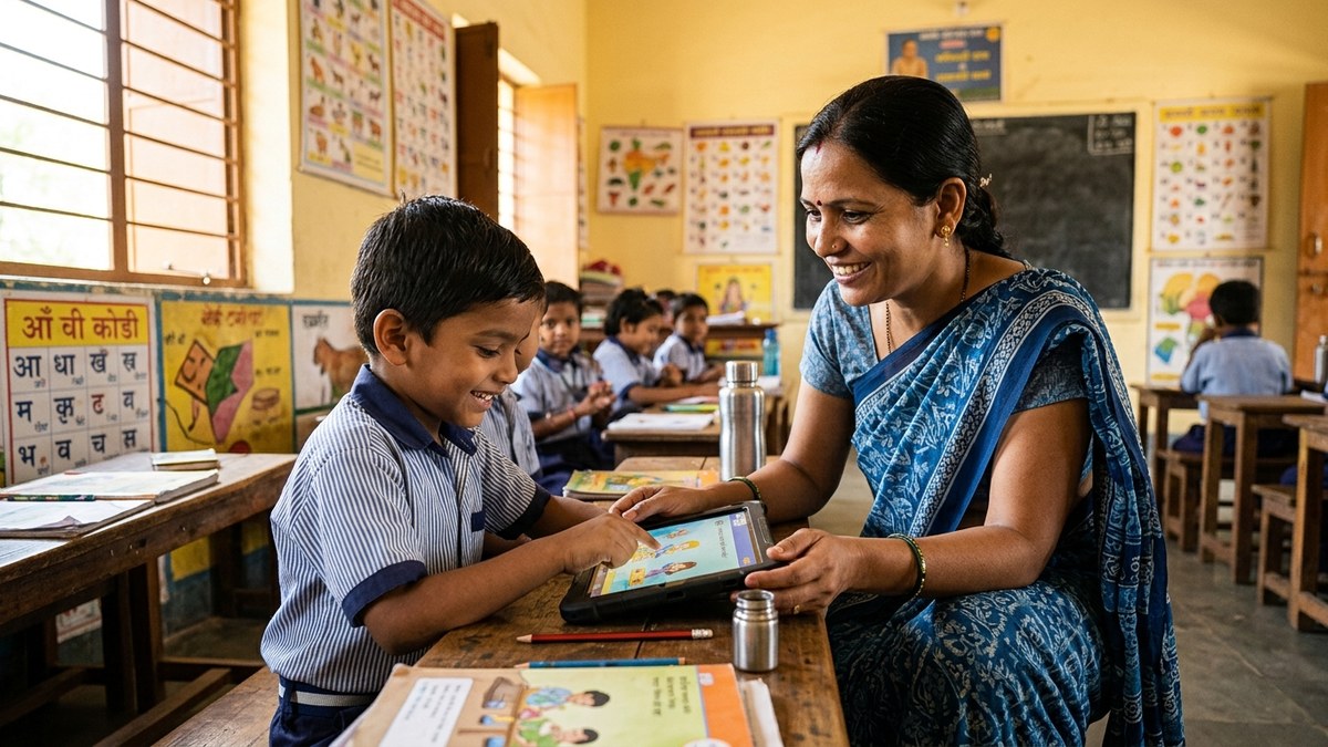 AI in Indian Classrooms teacher helping student with tablet