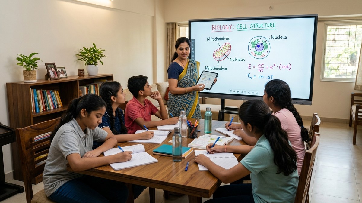 Home tutoring business India female educator teaching students using digital tools