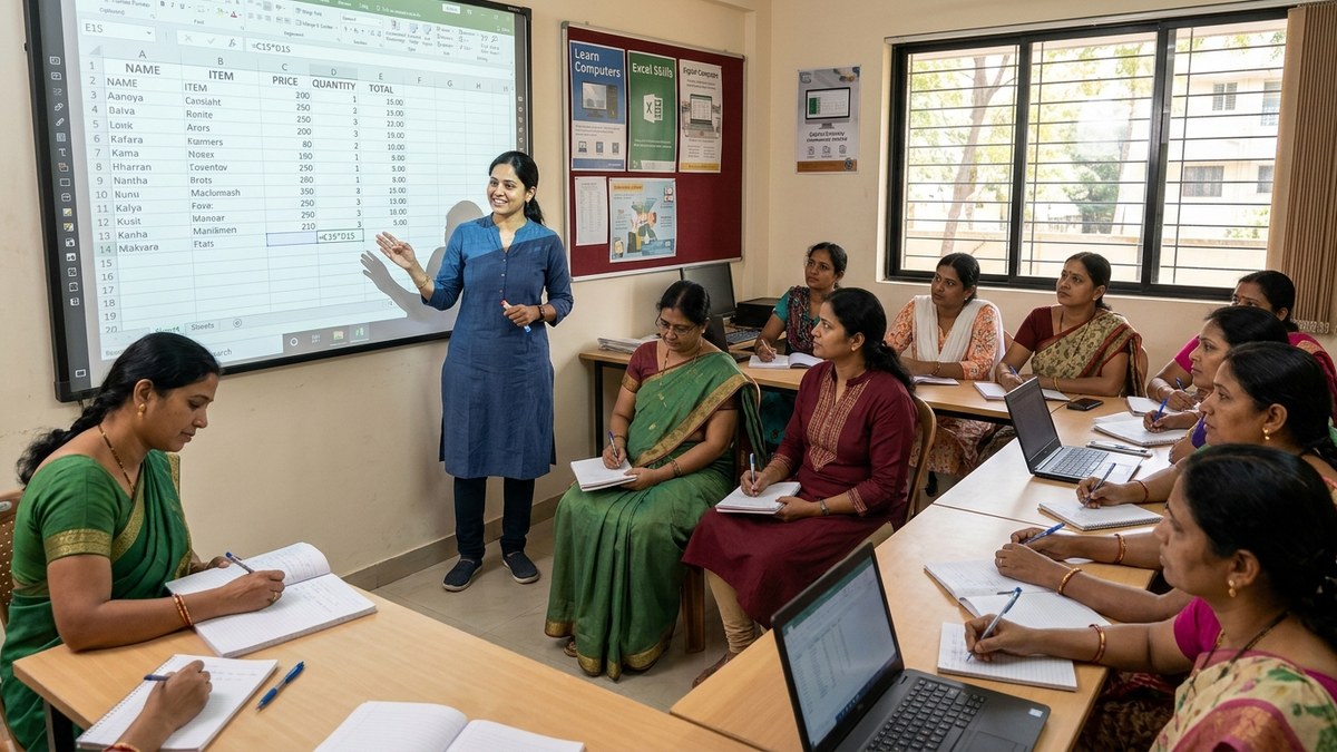learn spreadsheets Indian homemaker educator teaching in community centre
