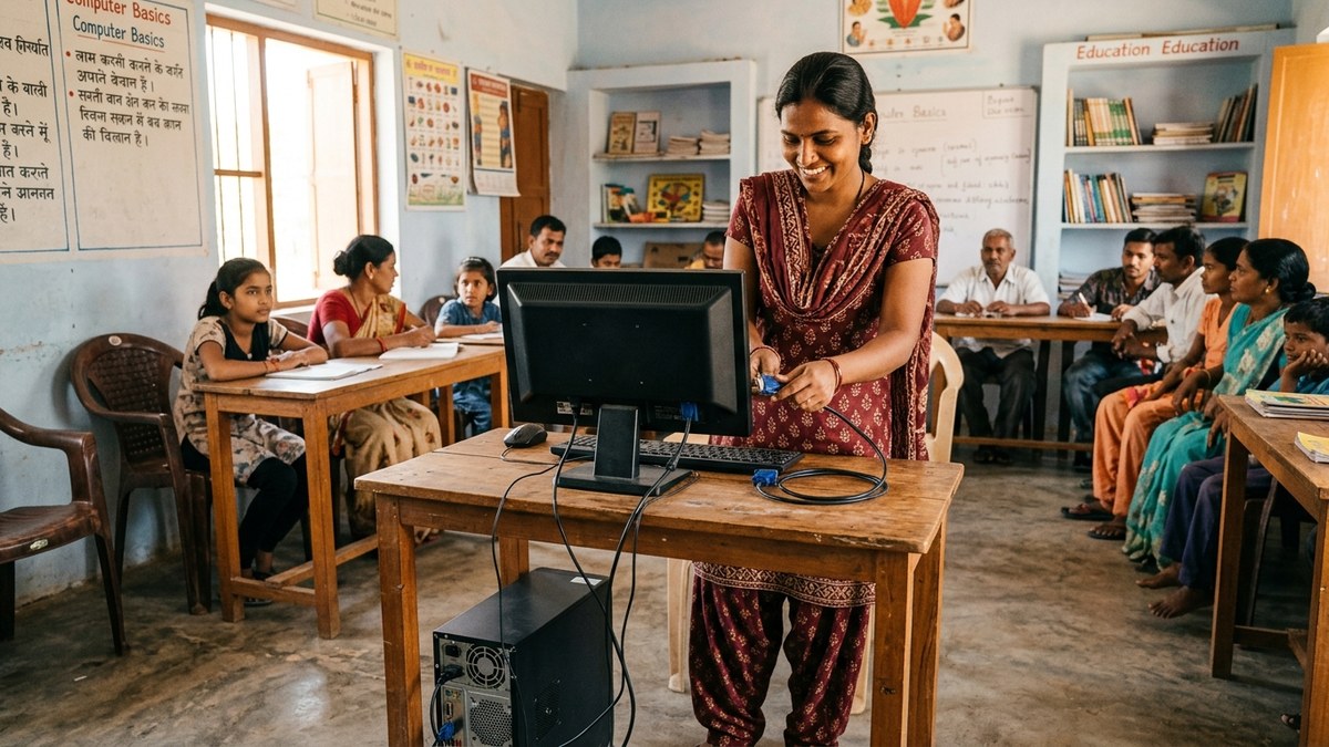 home tutoring business India woman setting up computer-based learning station at home