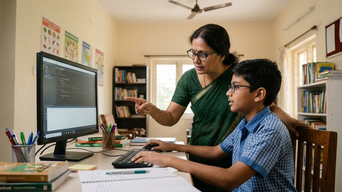 home tutoring business India tuition teacher helping student with computer work at desk