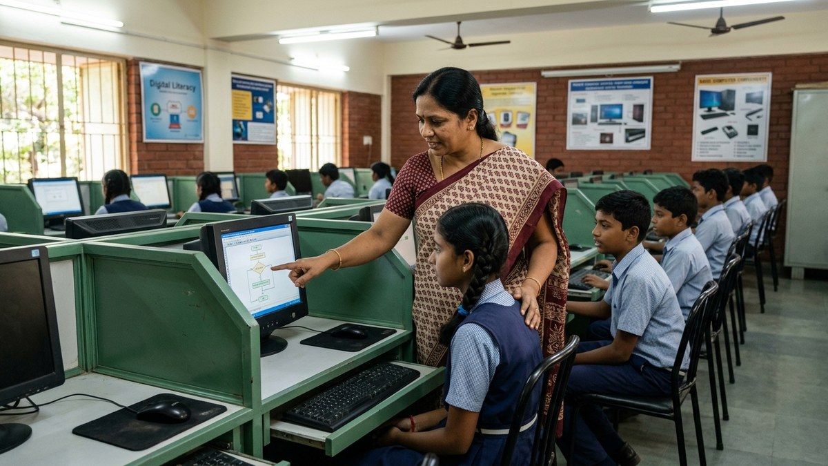 Indian teenager writing code on laptop at home