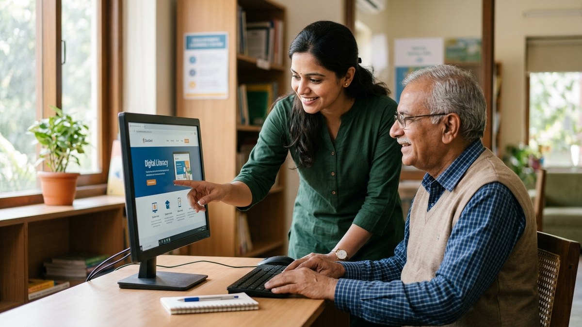 Trained educator helping senior citizen navigate computer interface