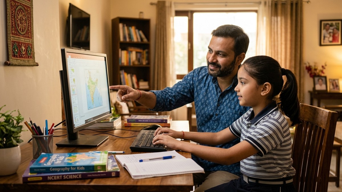 Indian parent helping child study on computer digital skills board exam students
