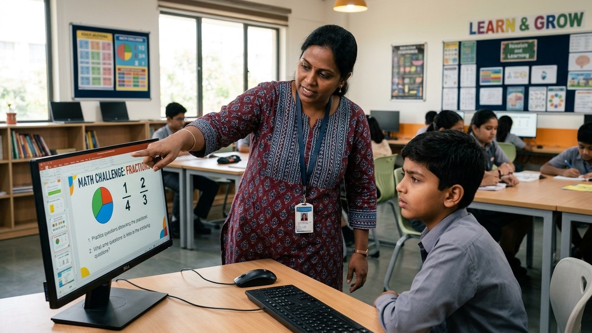 Trained educator using APNA PC to help weak students catch up with digital content