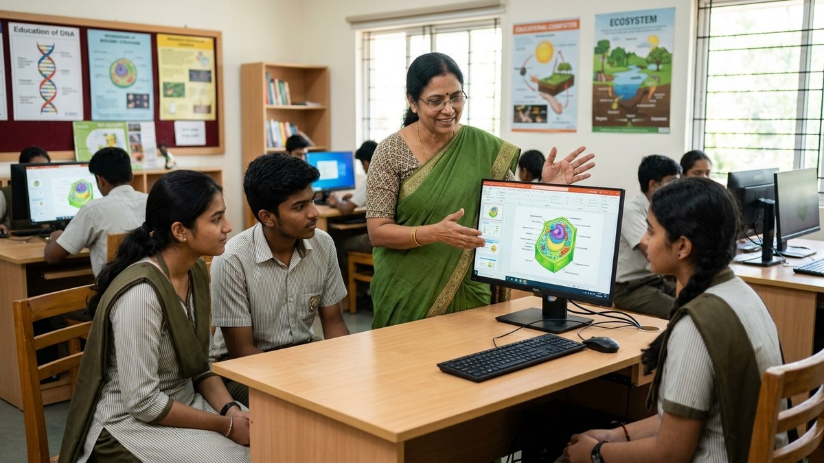 Indian teacher showing computer screen to students in a learning environment