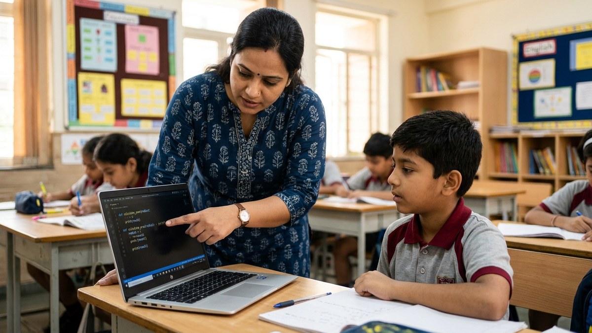 Indian educator teaching coding classes for kids India in community learning centre