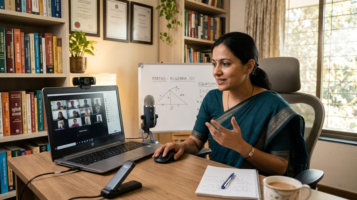 Indian female educator teaching online using computer setup in home learning environment, home learning space India