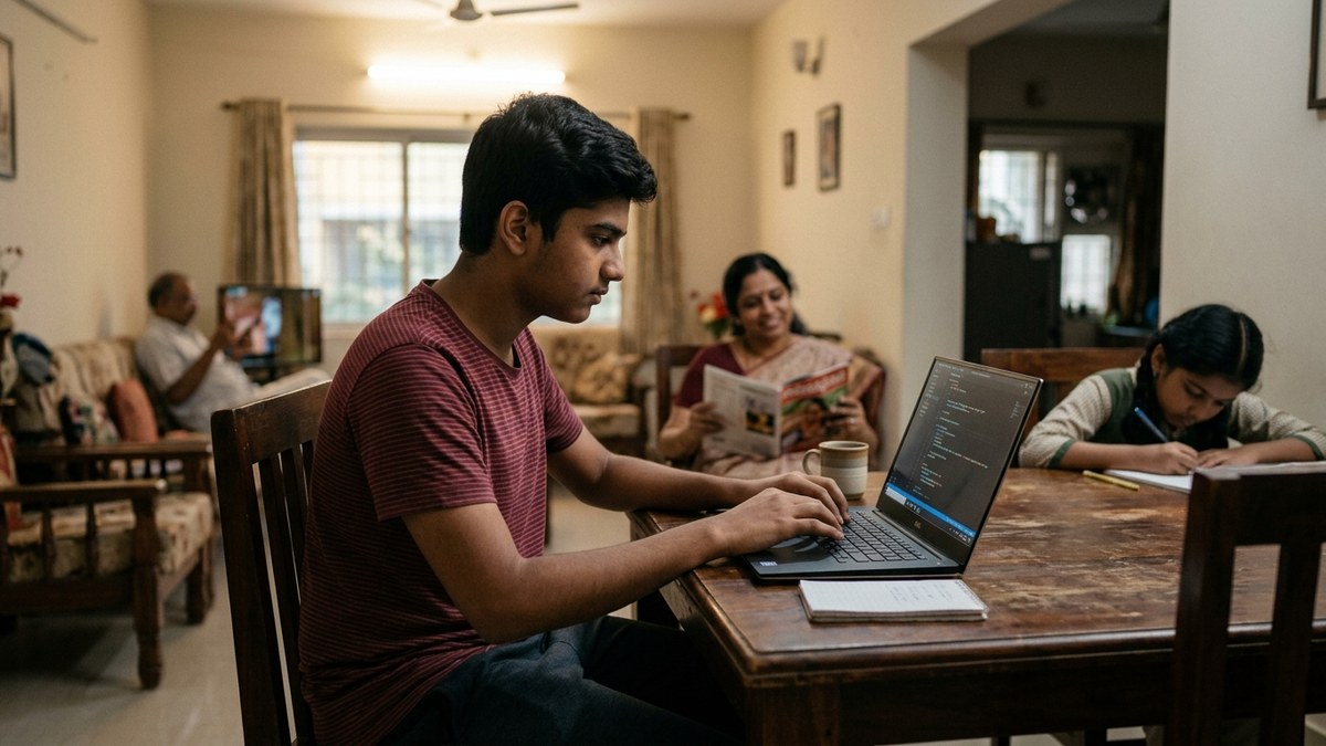 Indian students learning coding on computers in classroom