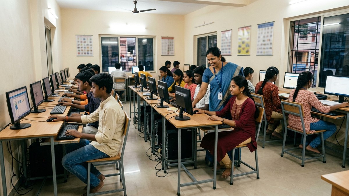 Indian students learning digital literacy skills at community centre