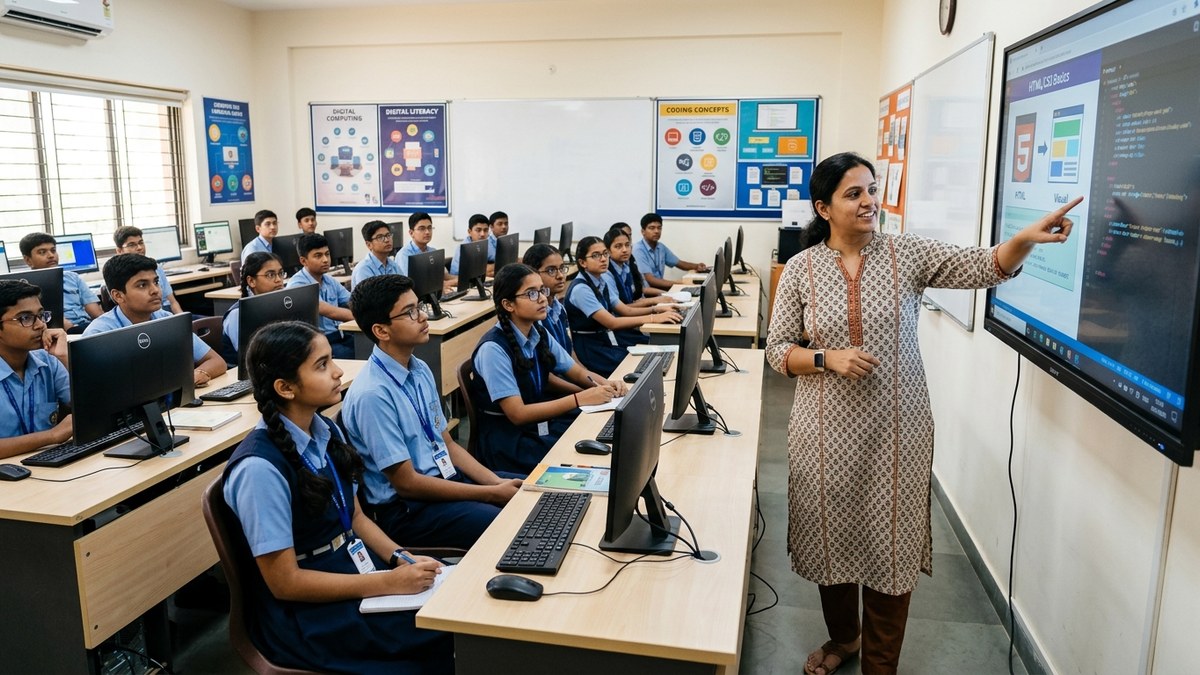 Trained educator teaching digital literacy to Indian students