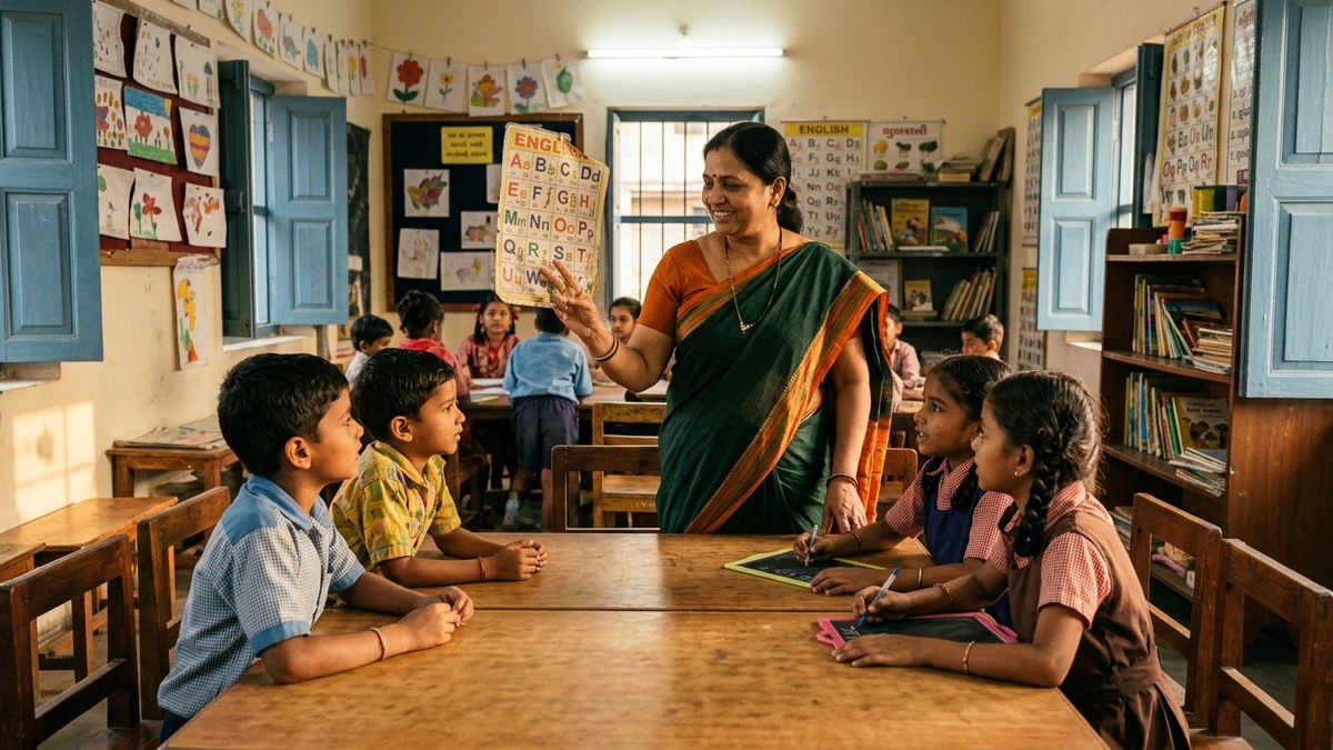 Community learning centre using Google Classroom India with students and teacher