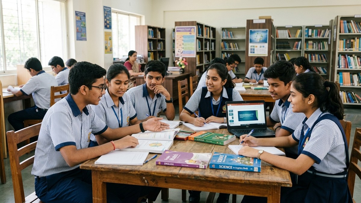 Study habits Indian students discussing and studying together in classroom or library
