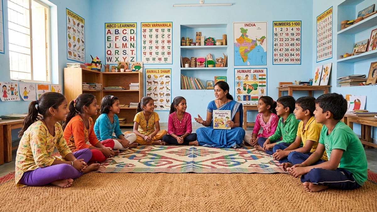 microschool India Indian children sitting in circle in bright community learning space