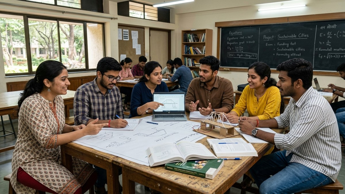 Indian students collaborating on a project in classroom setting