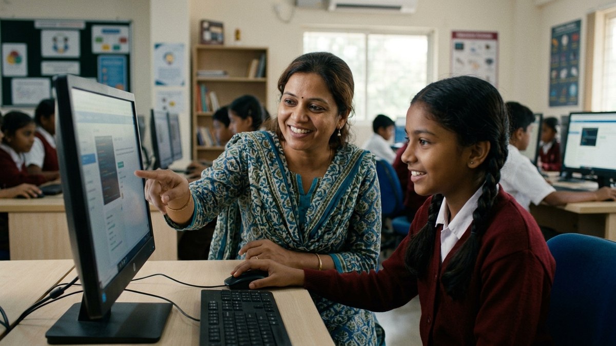 Indian educator guiding personalized learning at POD centre