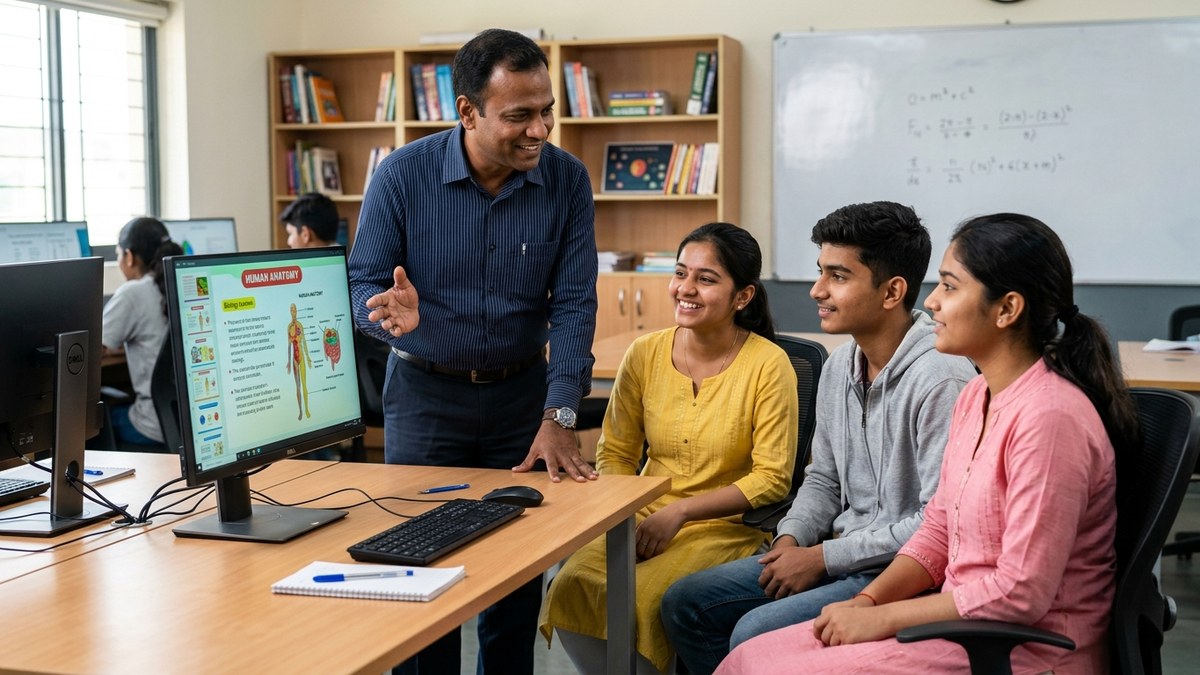 Indian educator teaching students at a community learning centre with digital setup