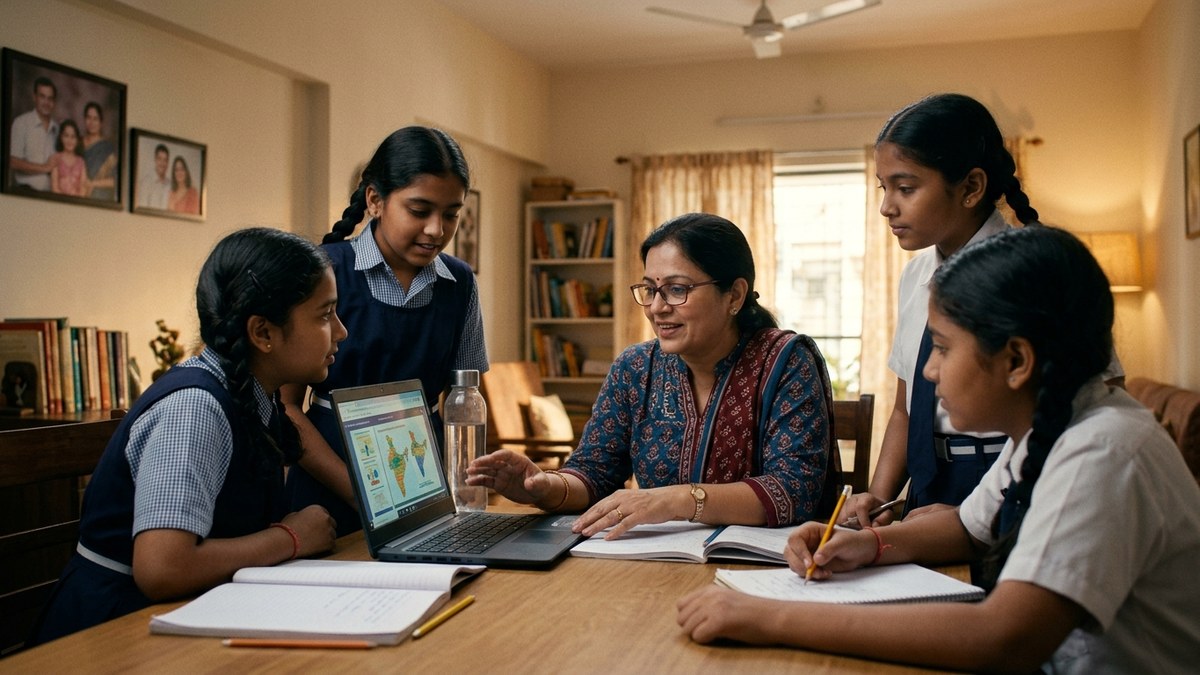 Indian tuition teacher teaching digital skills to students at home