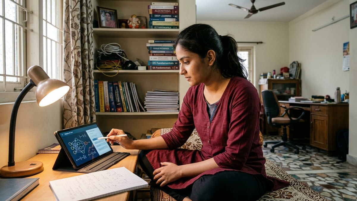 Indian student using AI skills for students on tablet at home