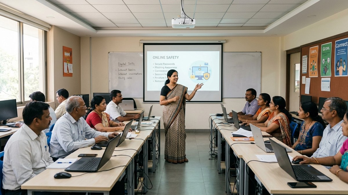 Indian woman learning digital skills on computer in community learning setting