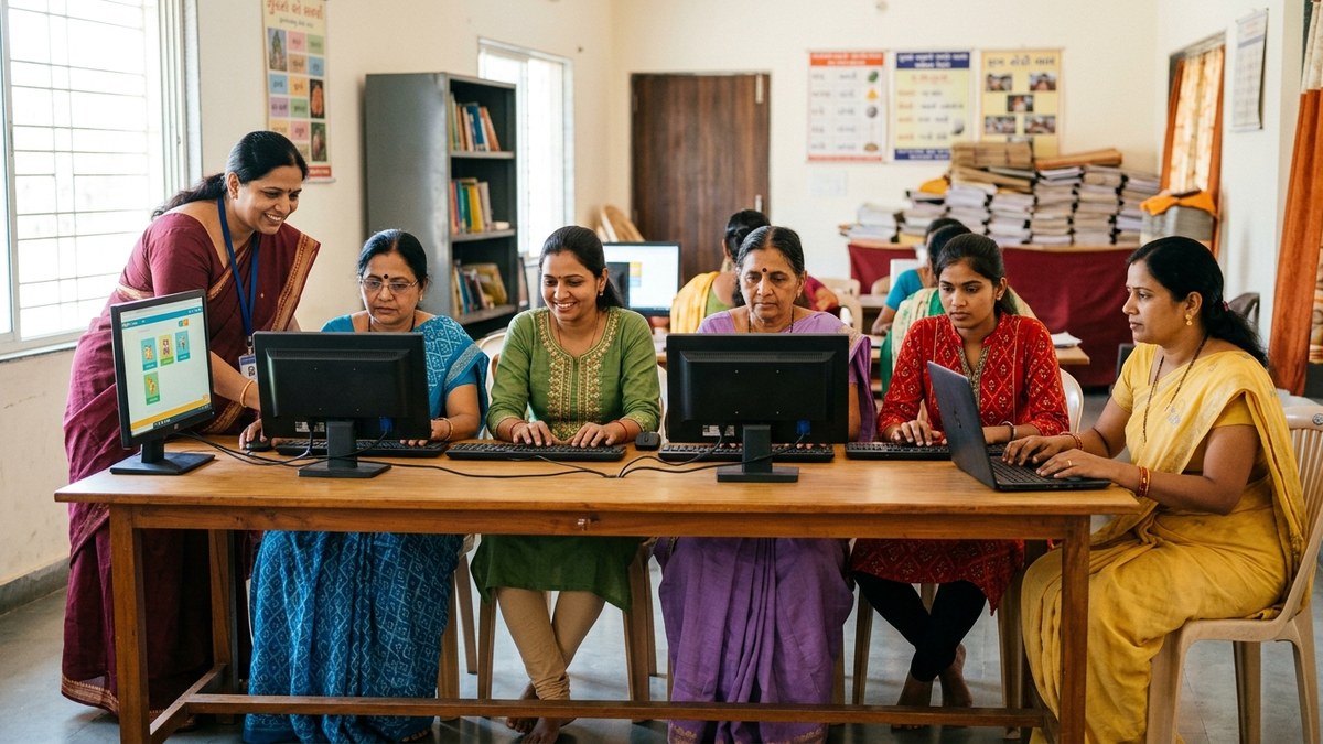 Small group of Indian school students discussing around a table in a classroom