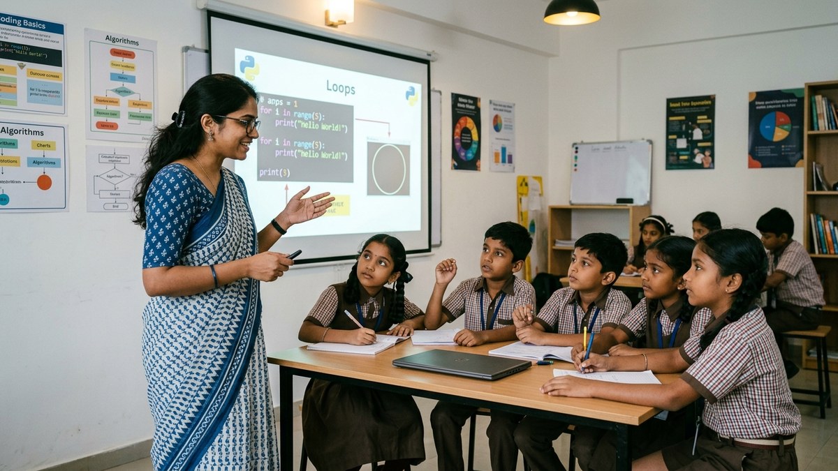 Indian teacher explaining coding classes for kids India to children using projector