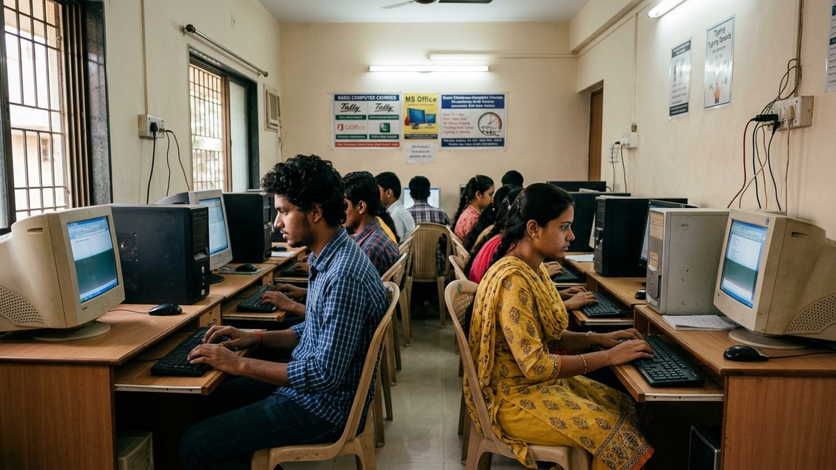 Indian students practicing on computers in home-based computer coaching centre from home