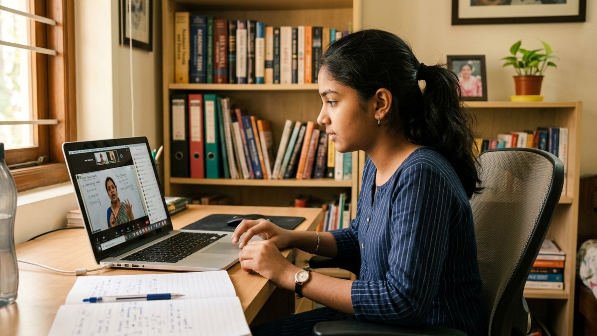 Indian educator reviewing student progress with AI home tutoring India dashboard
