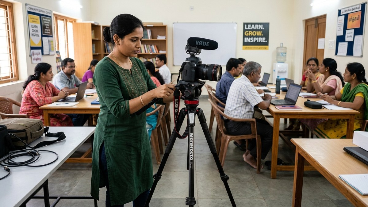Indian woman in community learning centre setting up camera and microphone for YouTube recording