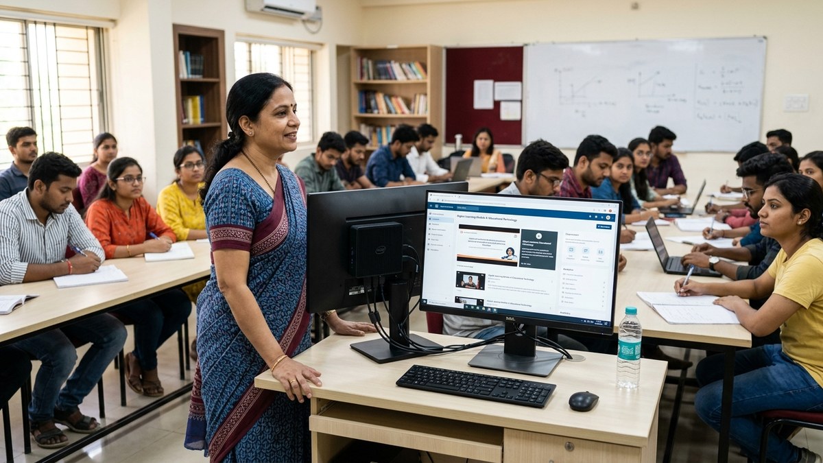 Smart classroom setup India with female educator and students learning digitally