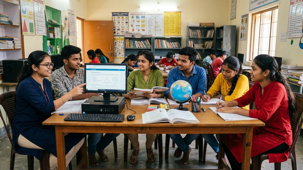 Small group of Indian students learning together in community centre with digital setup for weak students catch up