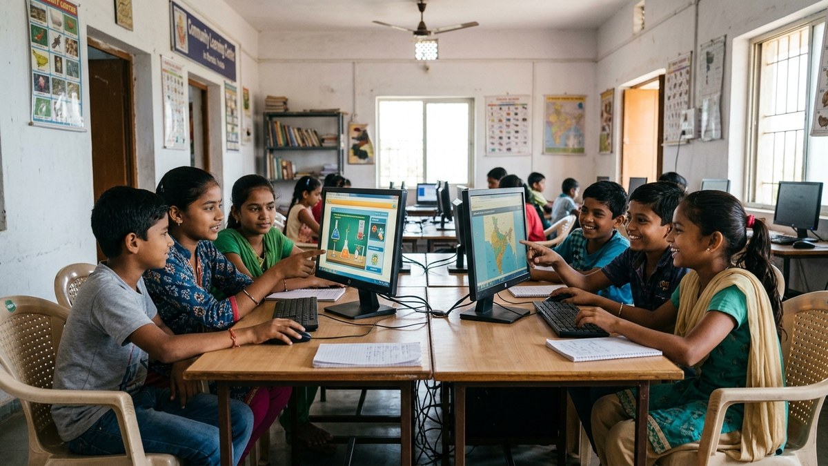 Indian children collaborating on computers home learning POD India
