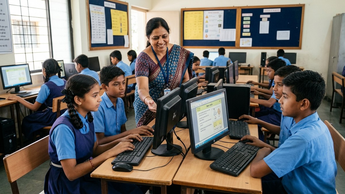 Indian students using a computer for learning in a home learning pod