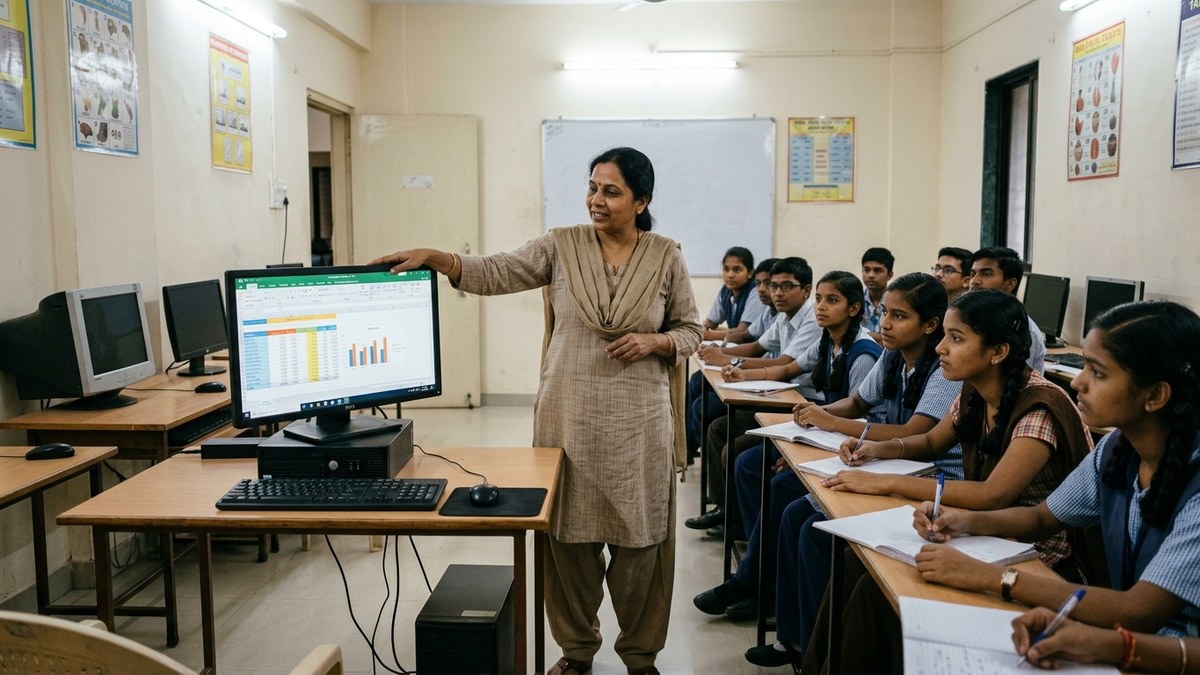 Digital classroom setup India female educator teaching with headset and computer
