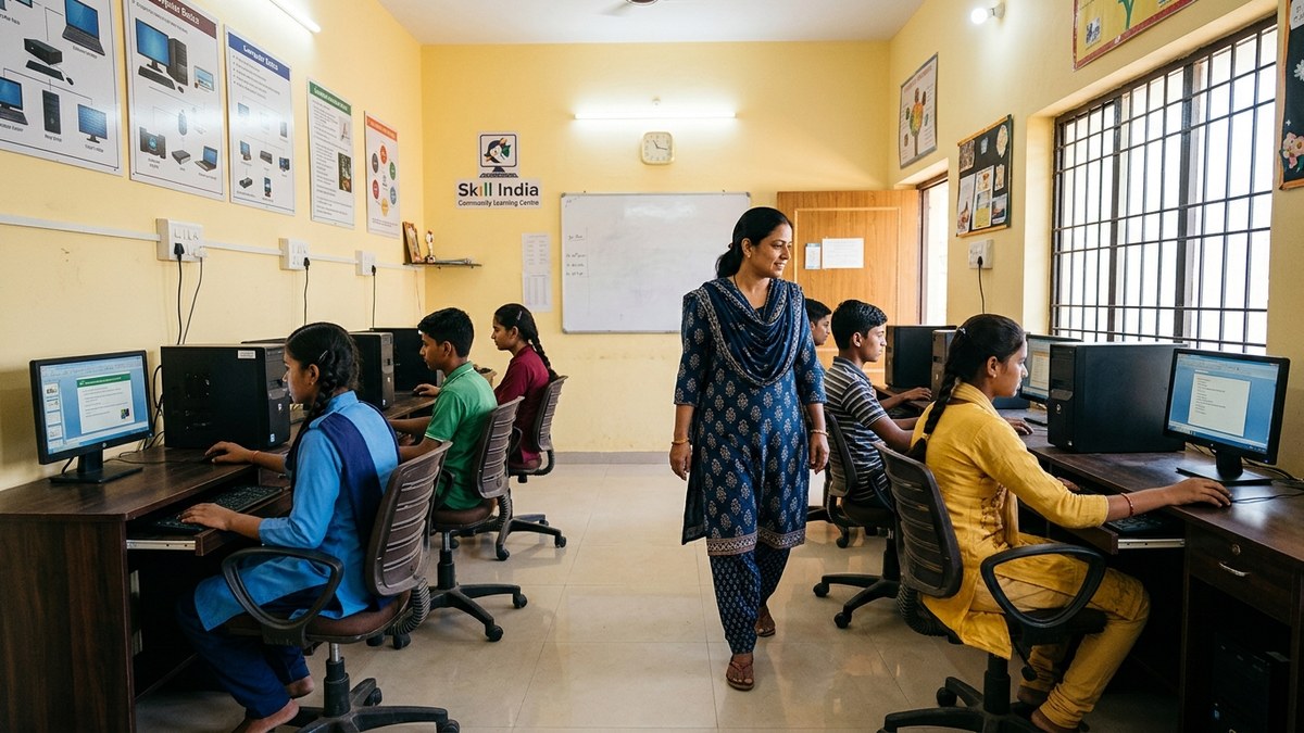 Community learning centre with students using computers for exam preparation