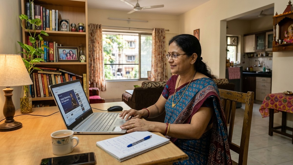 Indian homemaker using laptop to learn digital literacy skills