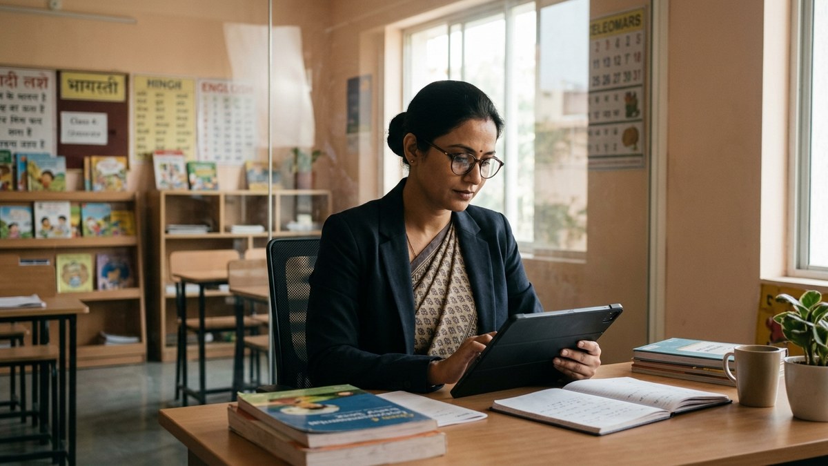 AI tools for Indian teachers - woman educator planning lessons on tablet at home