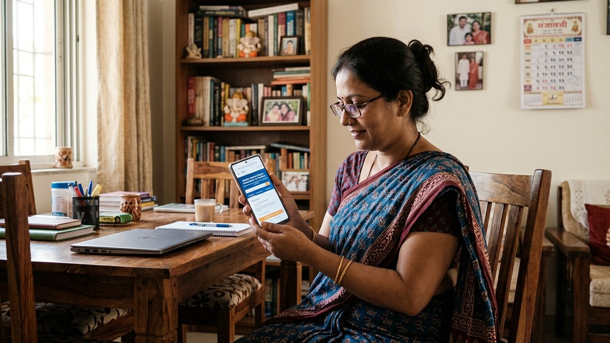 Indian homemaker browsing tuition teacher personal website on phone at home