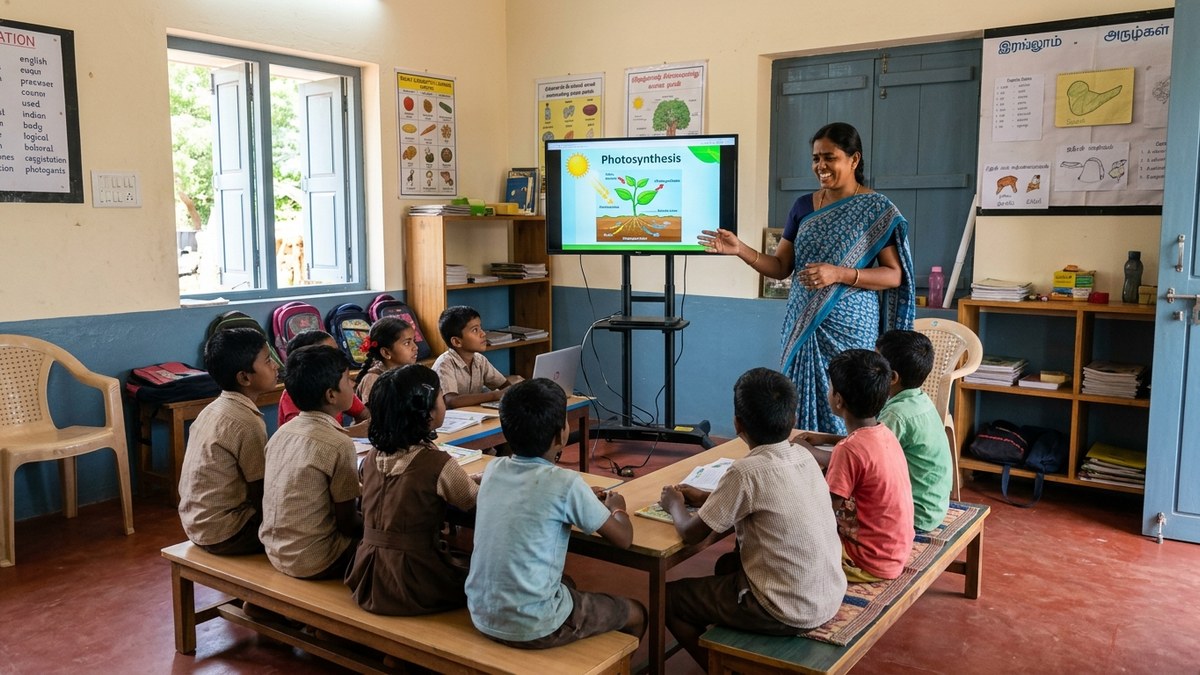 Smart classroom India with interactive display and students engaged in learning