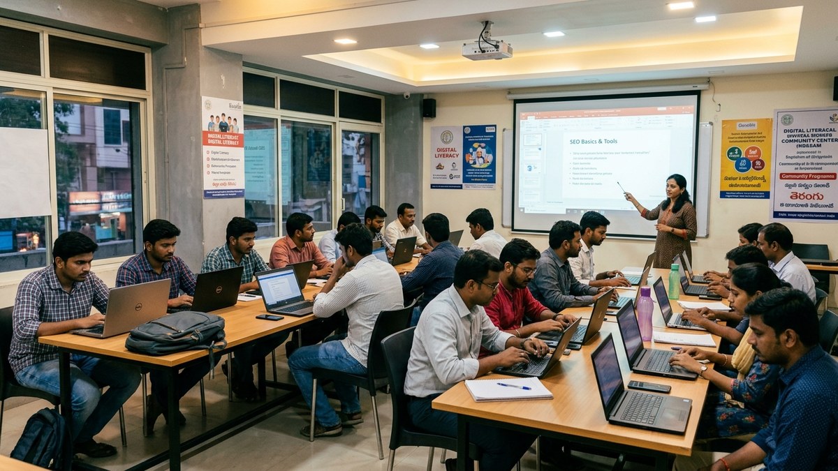 Group of Indian students and professionals learning digital marketing AI skills at community workshop