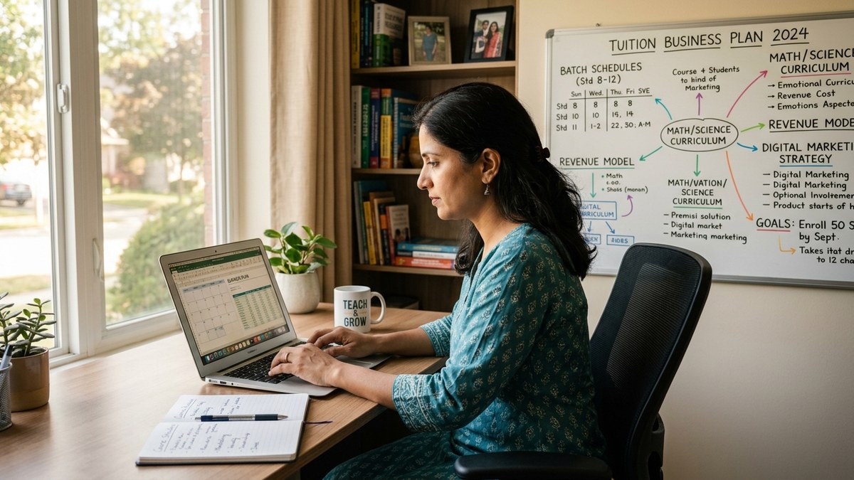 Indian edupreneur planning to start tuition centre from home with laptop and whiteboard