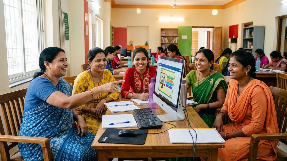 Indian homemakers learning digital skills together in a community centre